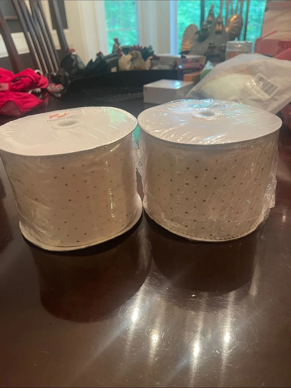 Ivory Christmas Ribbon 4 inch Faux Fur Wired Ribbon Gold Polka Dot nwt 2 rolls